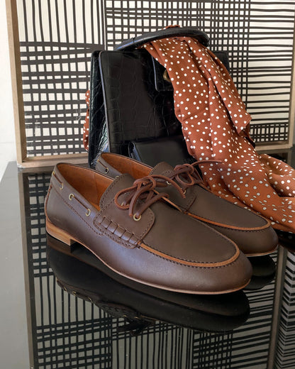 Riva Dark Brown with a brown polka-dot scarf