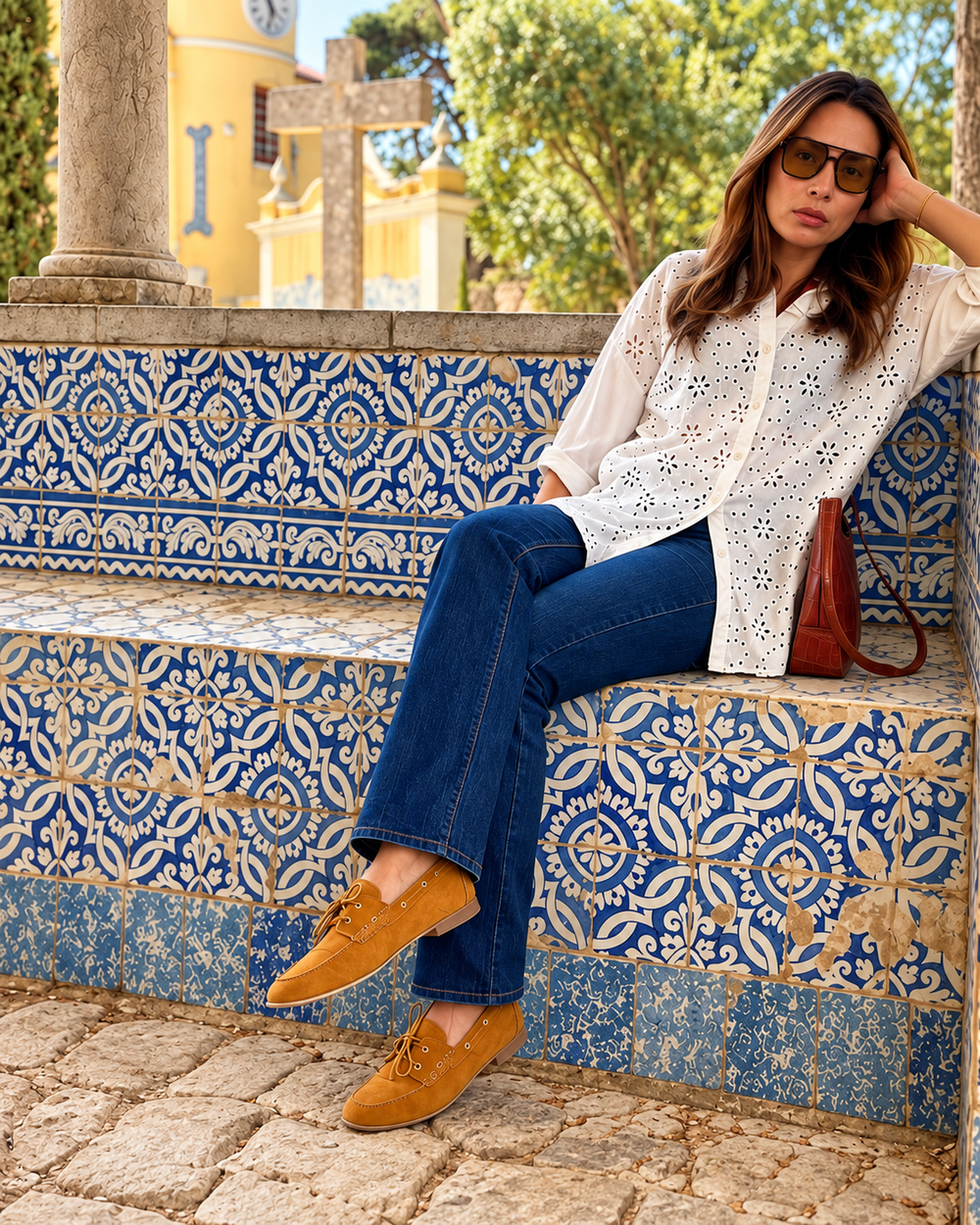Riva Dijon worn on a tiled bench