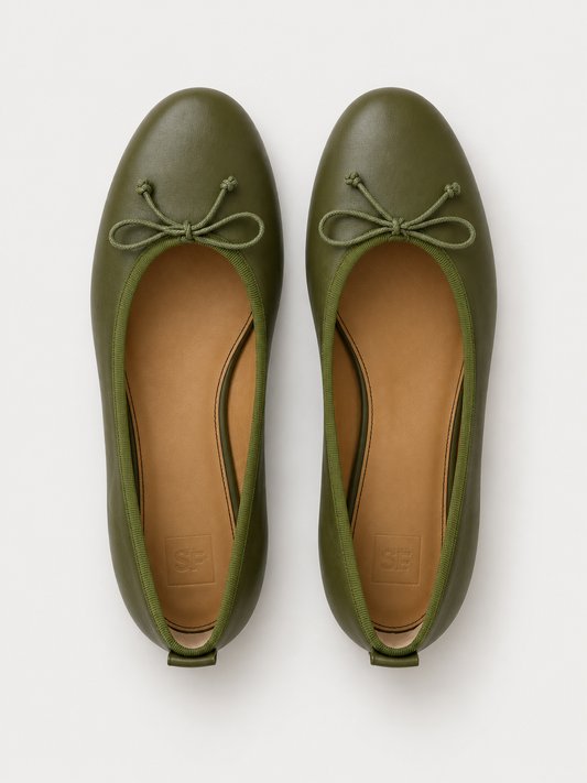 Lido Olive ballet flats by SF Shoes on a neutral background.